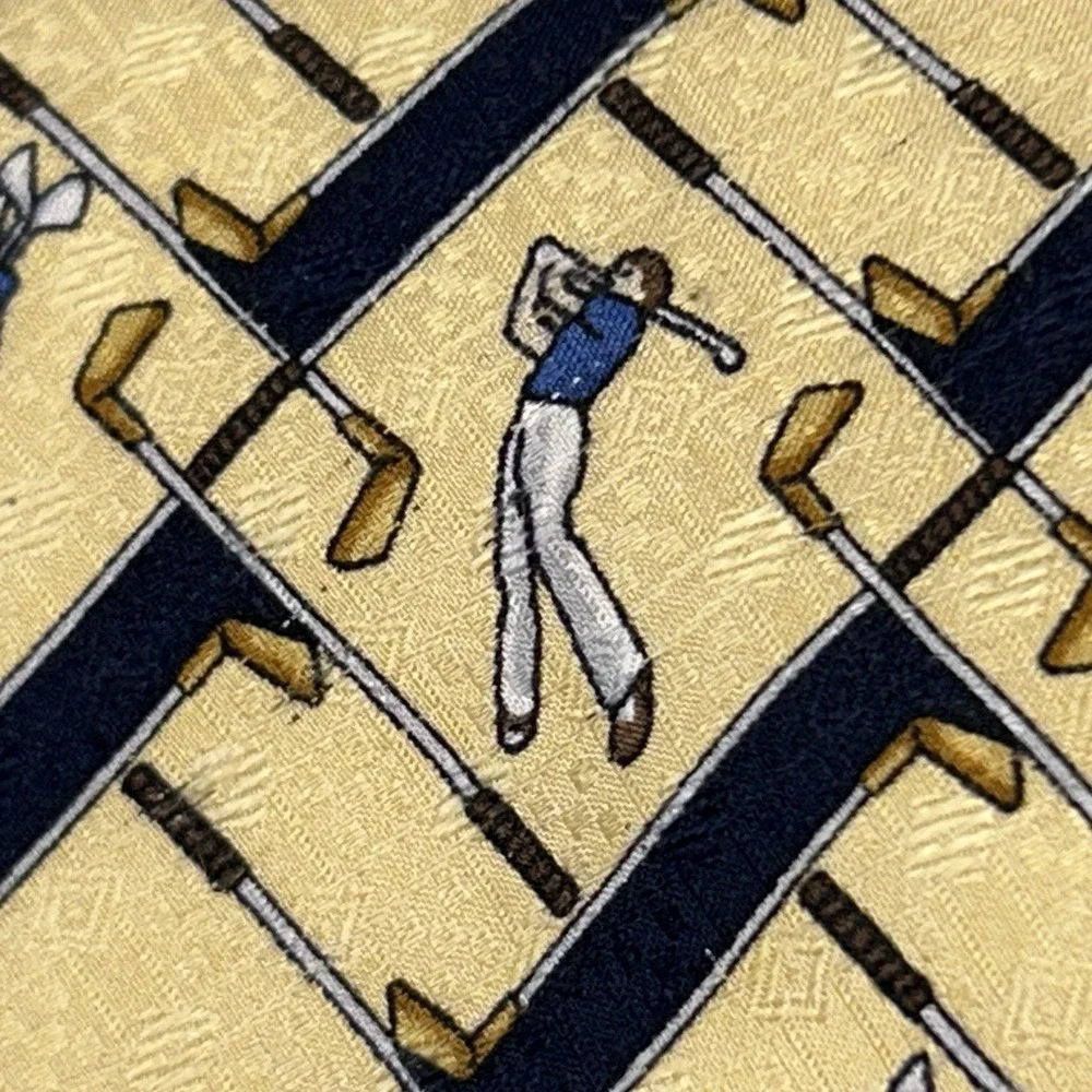 Tom James Golf Theme Tie Yellow Blue Golfer Clubs Silk Made in USA Necktie